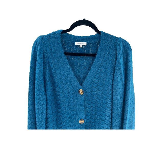 Women's Another Love Teal Fuzzy Soft Puff Sleeve Cardigan Sweater Size S - Picture 2 of 7
